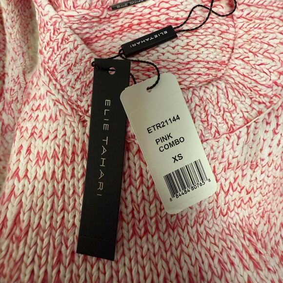 New Elie Tahari Peruvian Cotton $275 Sweater XS NWT Pink White Puff Sleeve Knit - Picture 3 of 4